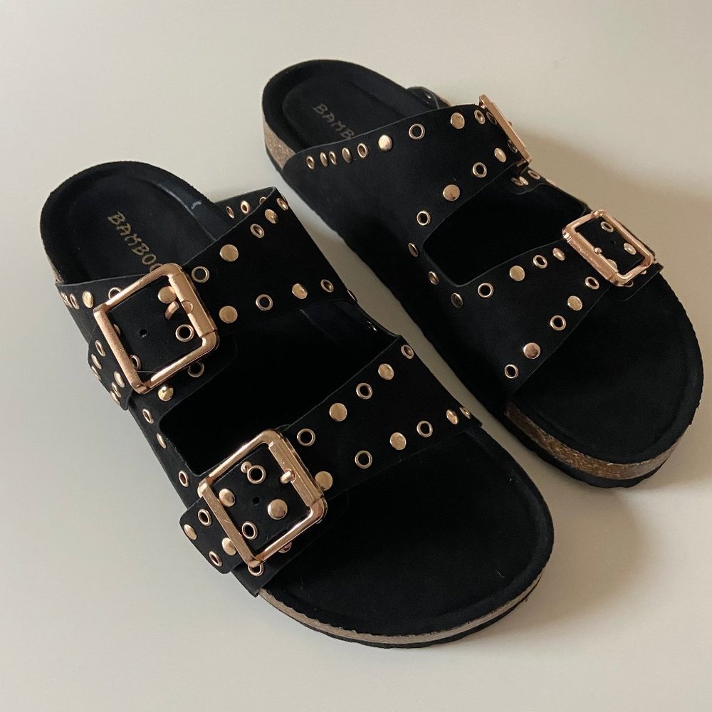Bamboo Double Strap Slide Sandals Black With Gold Studs and Buckles - Size 8
